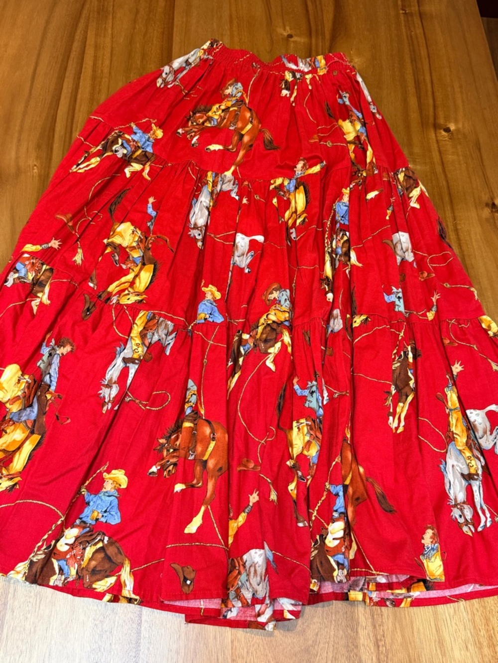 Vintage K.W.B.L Western Rodeo Cowboy Tiered Long Bucking Horse Skirt Red Sz S US